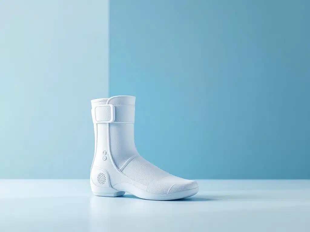 Valkoinen nilkkatuki ergonomisella muotoilulla siniharmaan liukuvärisen taustan edessä, kliininen ja minimalistinen asetelma