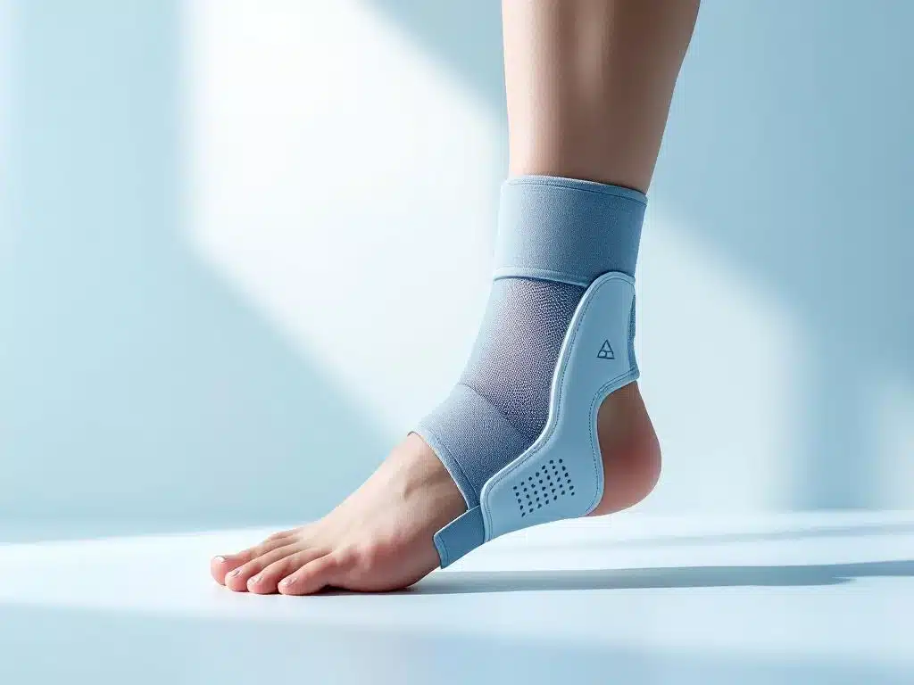 Moderni nilkkatuki keskellä valkoisen ja vaaleansinisen liukuvärjätyn taustan edessä, lääketieteellinen laite