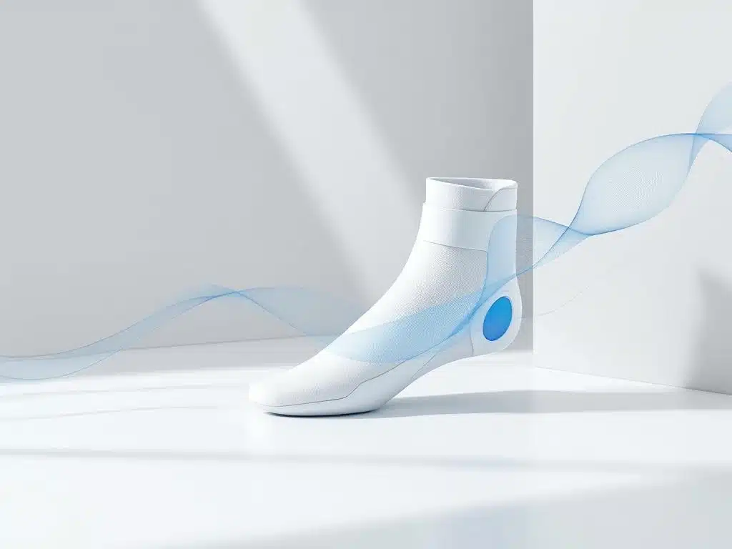 Valkosininen nilkkatuki valkoisella pinnalla, sinisiä liikettä kuvaavia viivoja ja pehmeää varjostusta