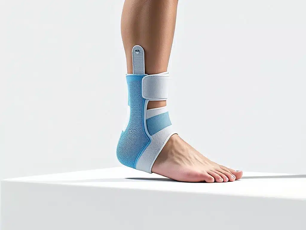 Valkoinen ja vaaleansininen nilkkatuki viistossa asennossa valkoisella taustalla, säädettävät hihnat näkyvissä