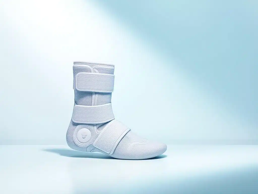 Valkoinen nilkkatuki keskitetty sinivalkoisella taustalla, kolme neljäsosaa kuvakulmasta näytettynä