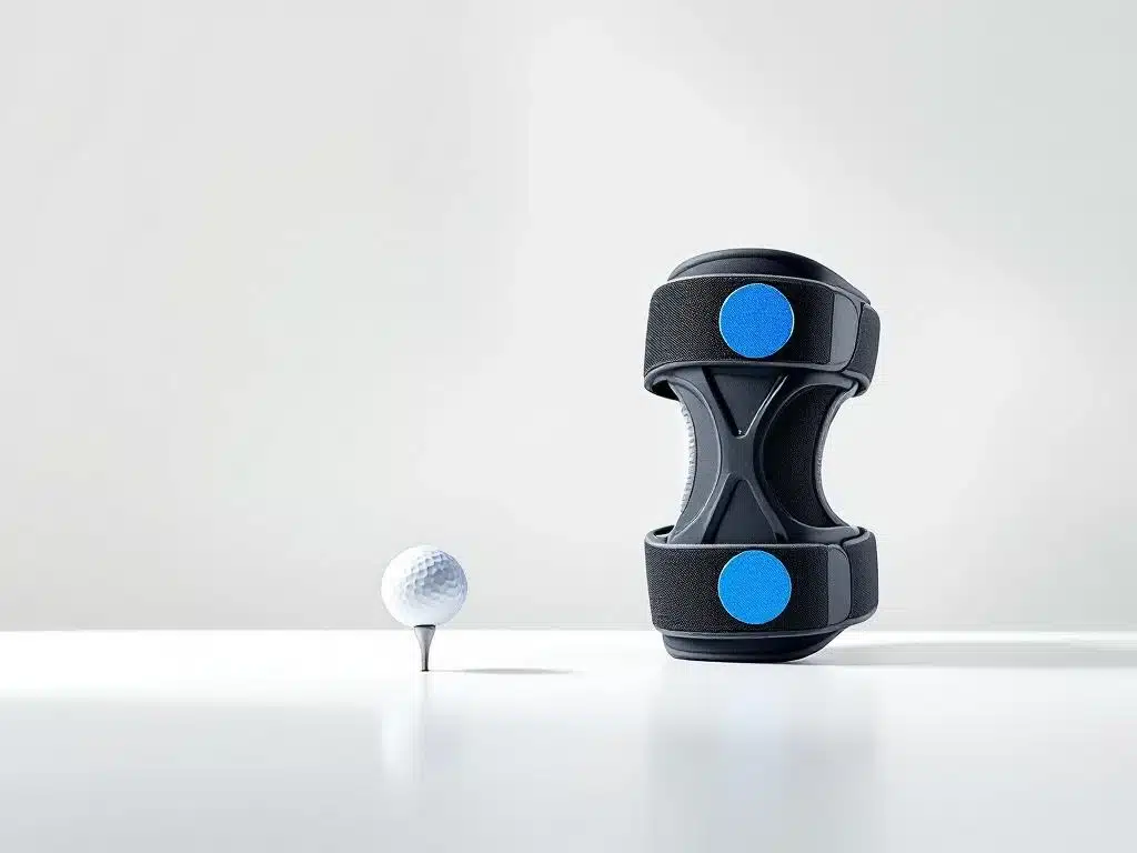 Musta polviorteesin tukisidos valkoisella taustalla golfpallon ja -teen vieressä, sinisillä hihnoilla