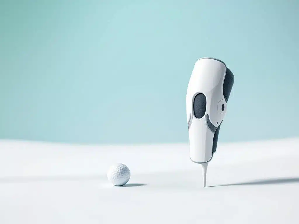 Moderni polven tukisidos golfteellä, vieressä golfpallo vihreä-sinisellä taustalla