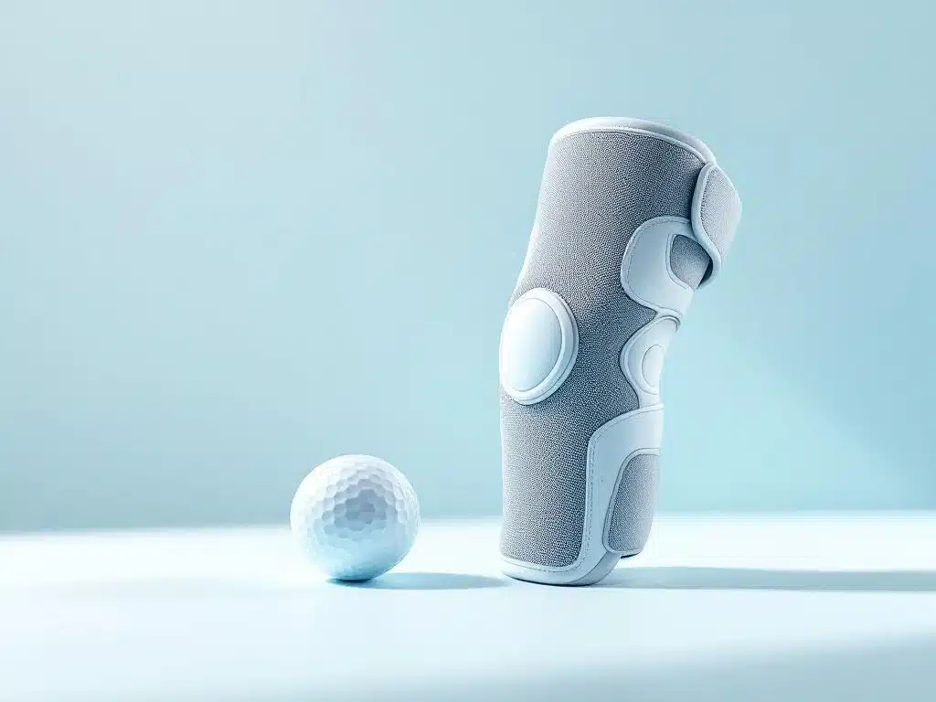 Valkoinen golfpallo ja moderni polvituki sinivalkoisella taustalla, ortopedisiä tukituotteita