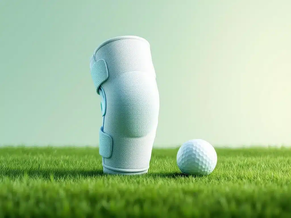 Valkoinen polviside golfpallon vierellä vihreällä nurmella, lääkinnällinen tuki urheiluun