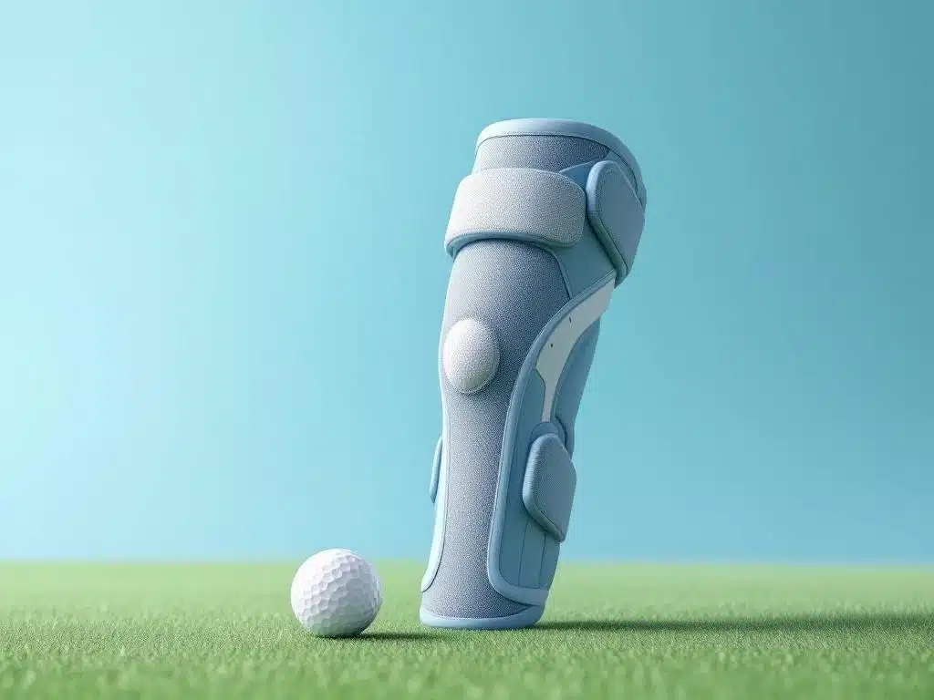 Ergonominen polviside golfteellä, vieressä golfpallo, sinivihreä tausta - lääketieteellinen laatu golfaajille